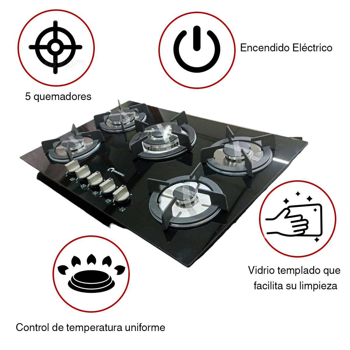 Estufa Empotrable SHORBULL® de 5 Quemadores Cristal Templado