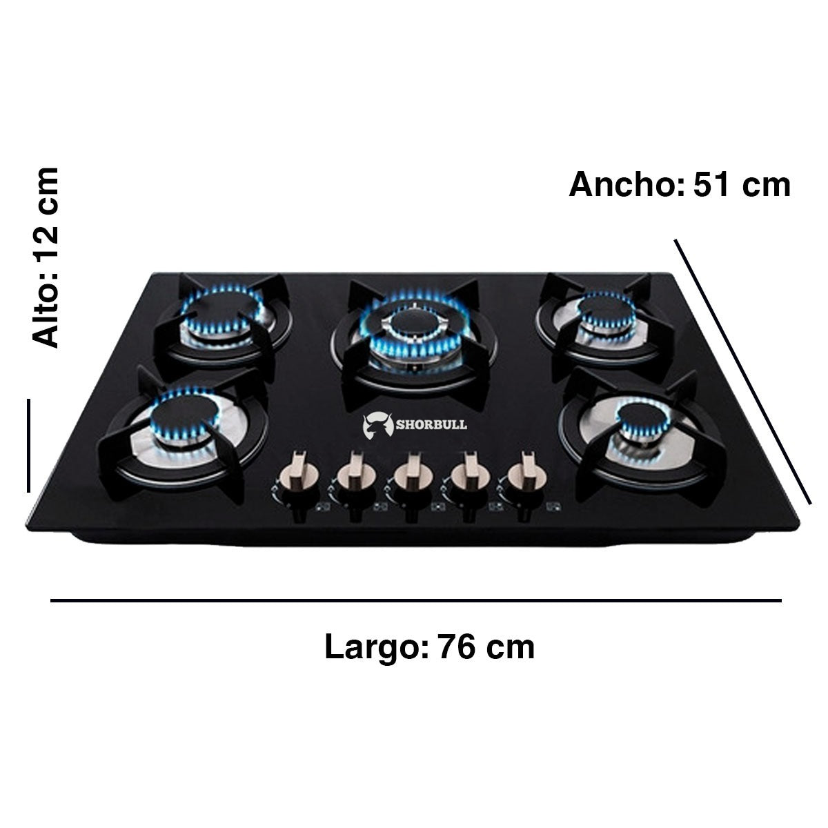 Estufa Empotrable SHORBULL® de 5 Quemadores Cristal Templado