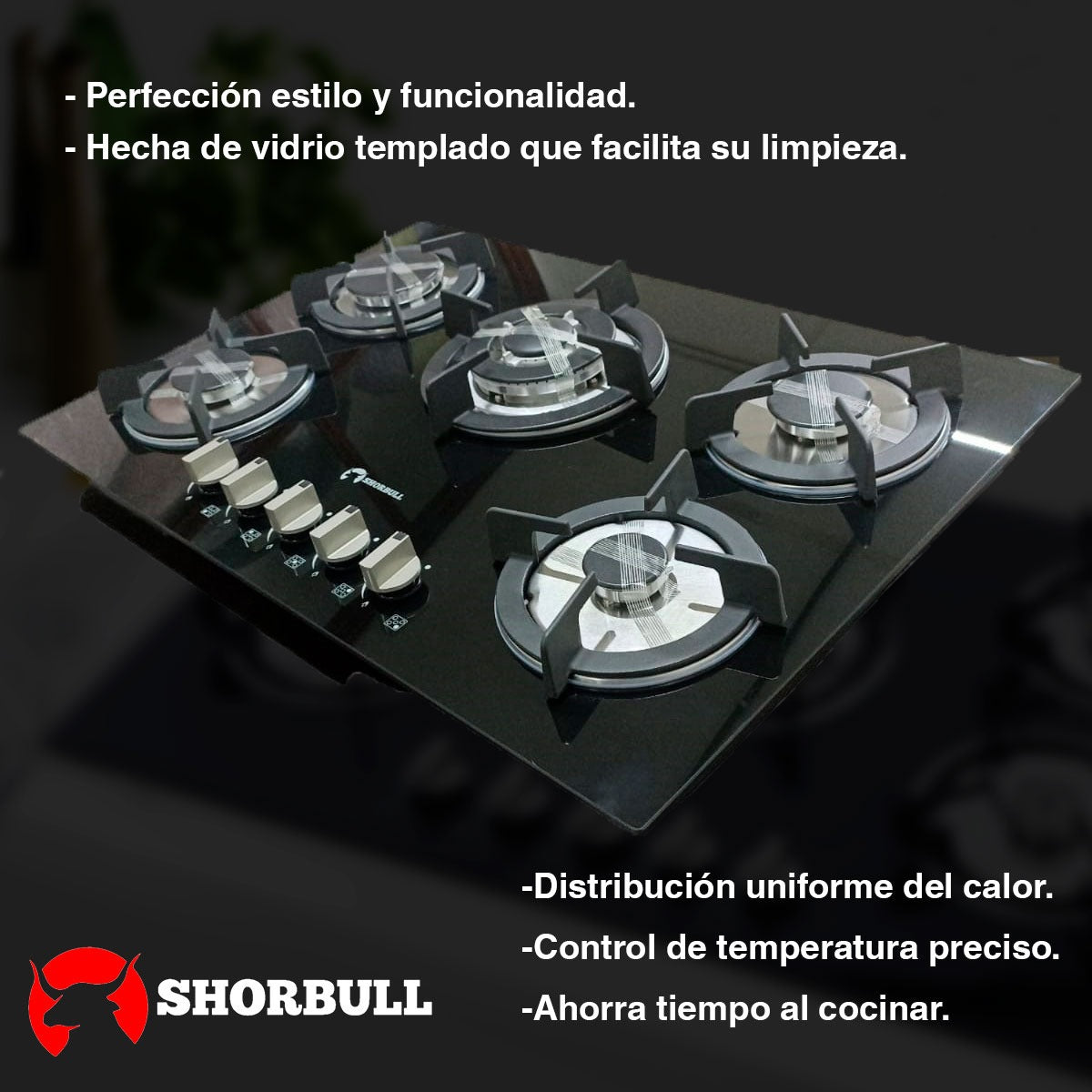 Estufa Empotrable SHORBULL® de 5 Quemadores Cristal Templado