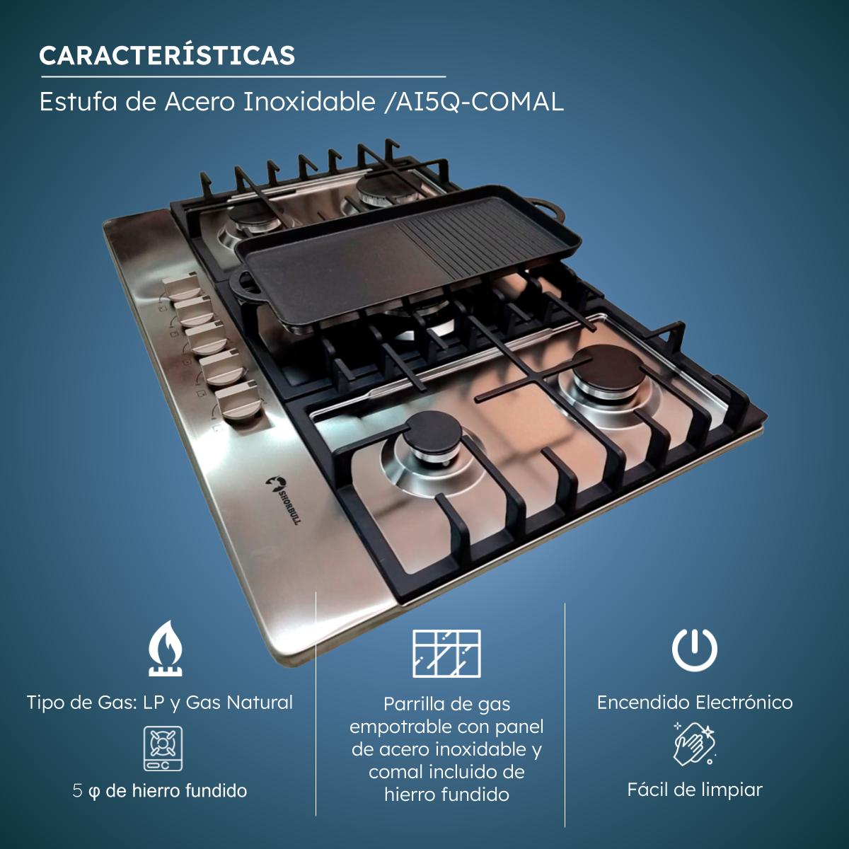 Estufa Empotrable SHORBULL® de 5 Quemadores + Comal