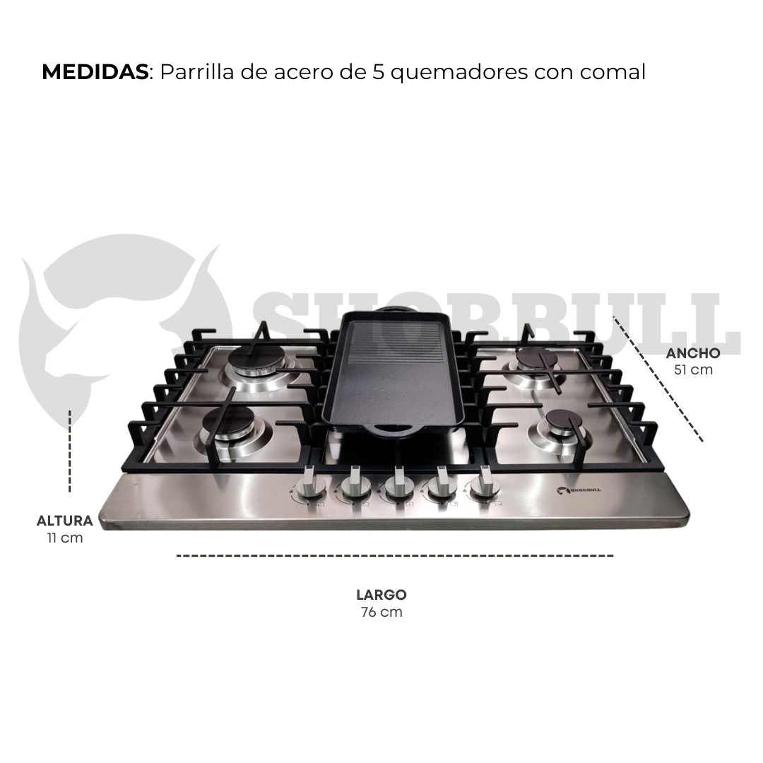 Estufa Empotrable SHORBULL® de 5 Quemadores + Comal