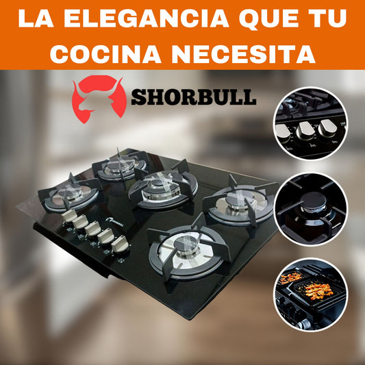 Estufa Empotrable SHORBULL® de 5 Quemadores Cristal Templado