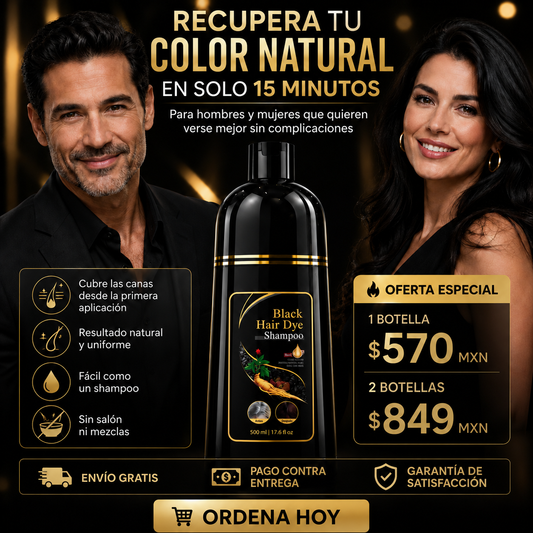 Elimina las canas en solo 5 minutos mientras te bañas con nuestro Shampoo Cubrecanas Negro. Fórmula orgánica sin amoníaco. ¡Envío GRATIS y pago contra entrega en todo México!