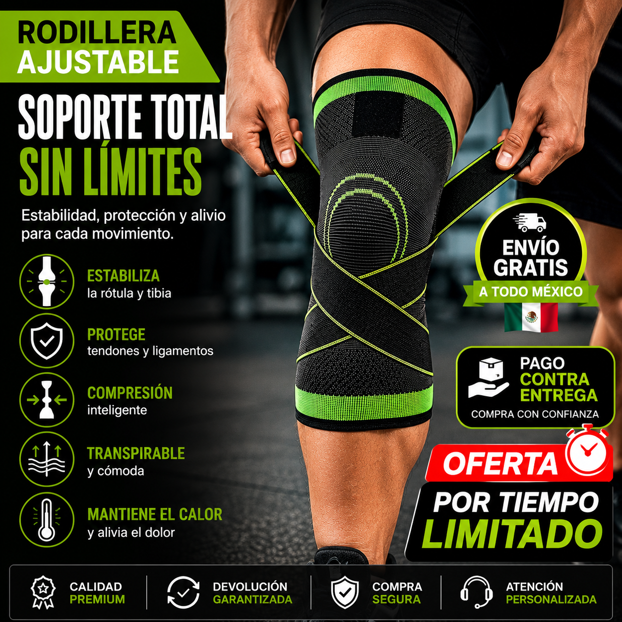 Rodillera de compresión premium Innovexa con soporte elástico de 360 grados en color gris y verde fosforescente para protección de ligamentos.