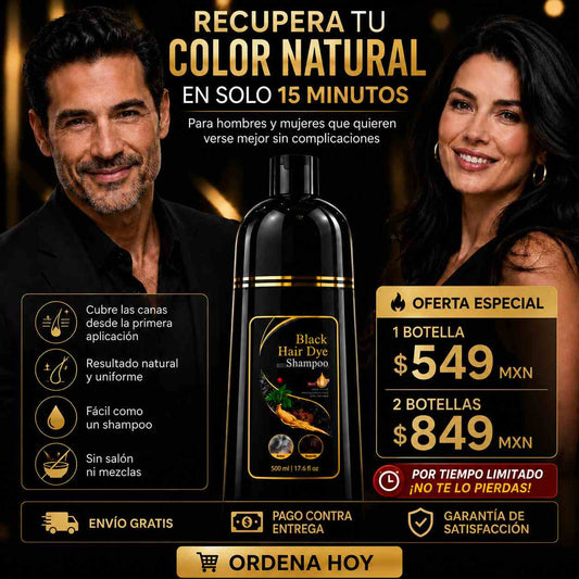 Elimina las canas en solo 5 minutos mientras te bañas con nuestro Shampoo Cubrecanas Negro. Fórmula orgánica sin amoníaco. ¡Envío GRATIS y pago contra entrega en todo México!
