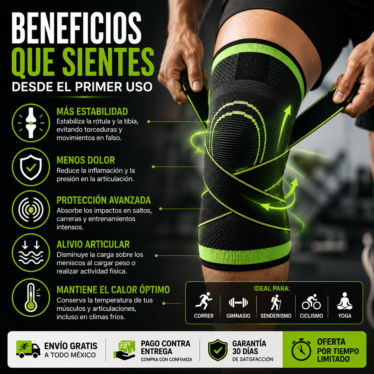 Detalle en primer plano del tejido elástico, transpirable y lavable de la rodillera ergonómica Innovexa.