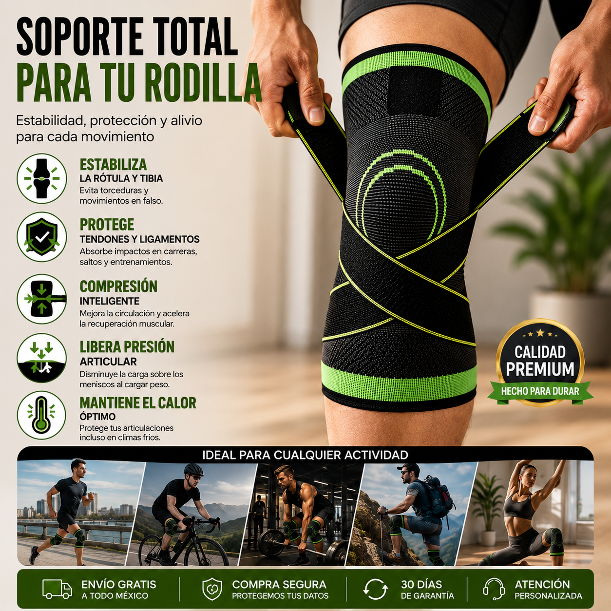 Manos ajustando las bandas elásticas cruzadas con velcro de una rodillera ortopédica deportiva para gimnasio y crossfit.